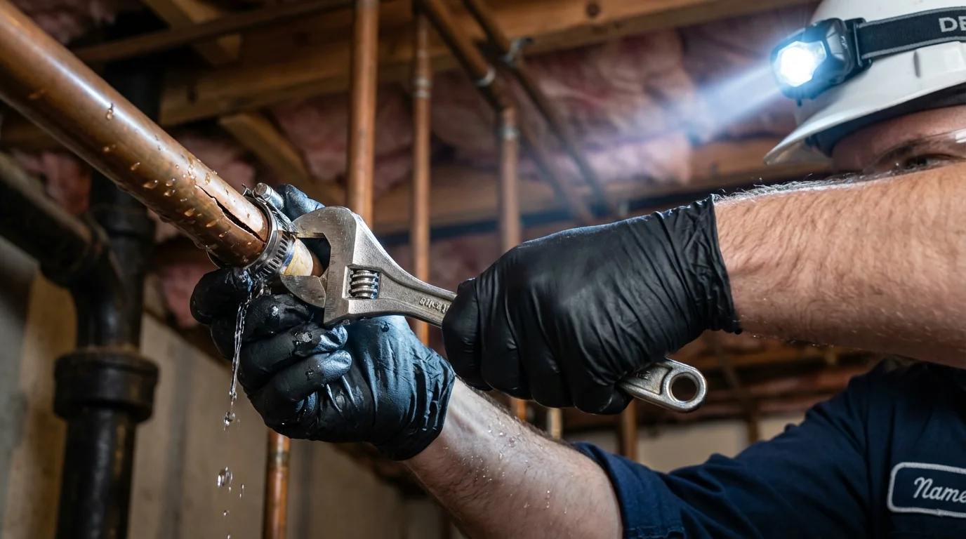 Emergency pipe clamp repair being performed by a Johns Plumbing LLC plumber in Wanamingo