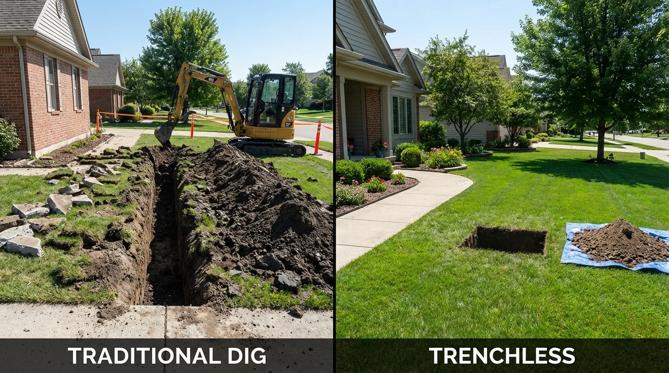 Trenchless sewer repair with minimal yard damage versus traditional excavation in Wanamingo, MN